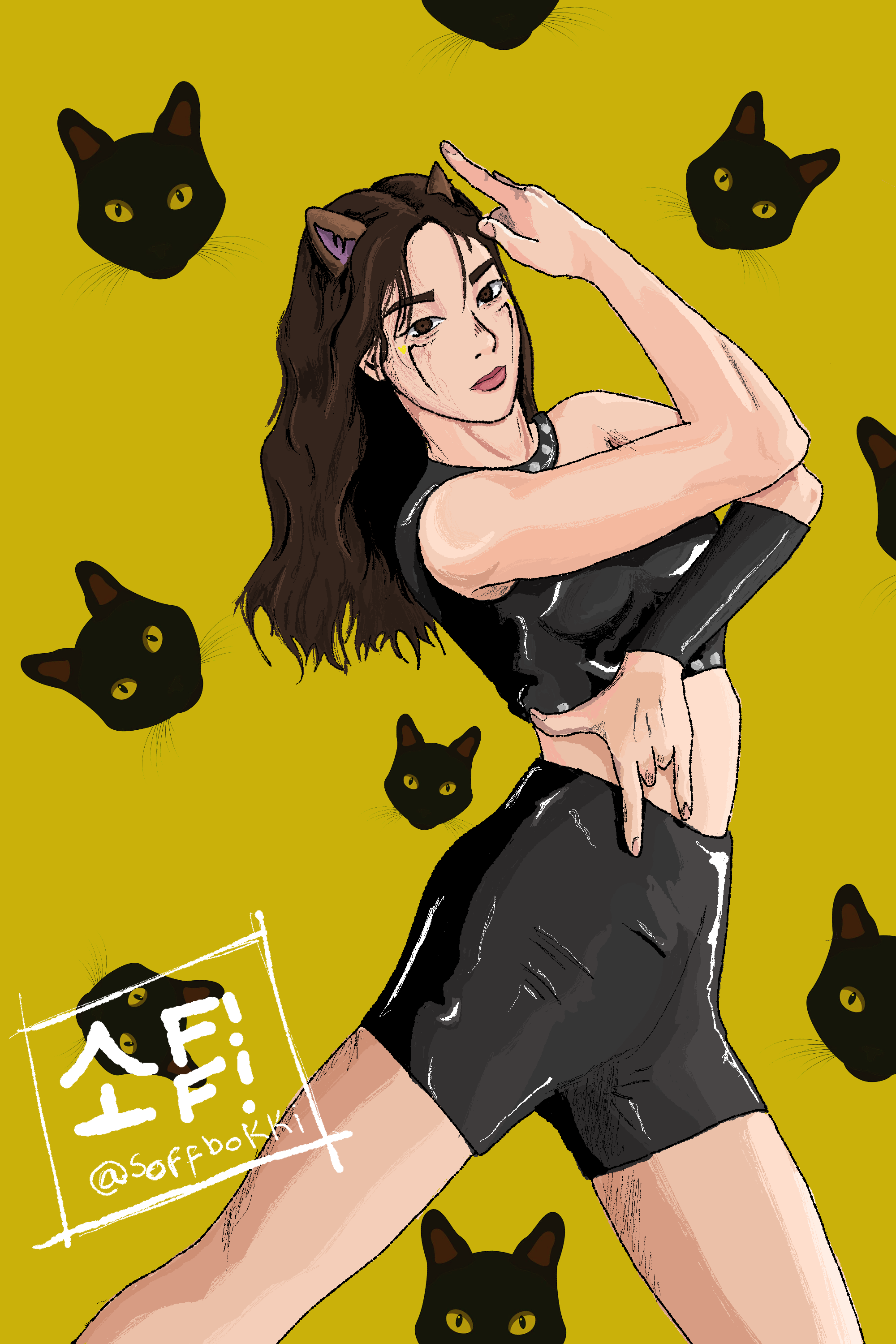 Ilustración de la integrante del grupo LOONA, Hyunjin en un estilo de dibujo correspondiente al del anima Jojo´s Bizarre Adventure